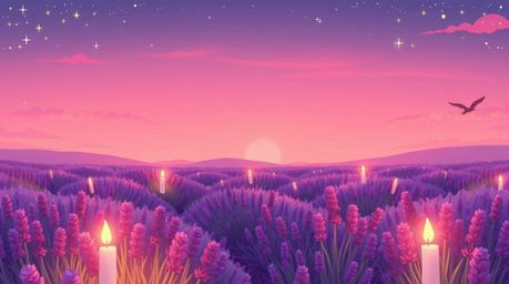 Immerse yourself in the enchanting beauty of lavender fields bathed in a dreamy pink sky, softly illuminated by the warm glow