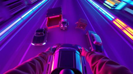 Experience a dynamic chase scene from a unique bird's-eye perspective, brought to life with deep ultraviolet hues and strikin