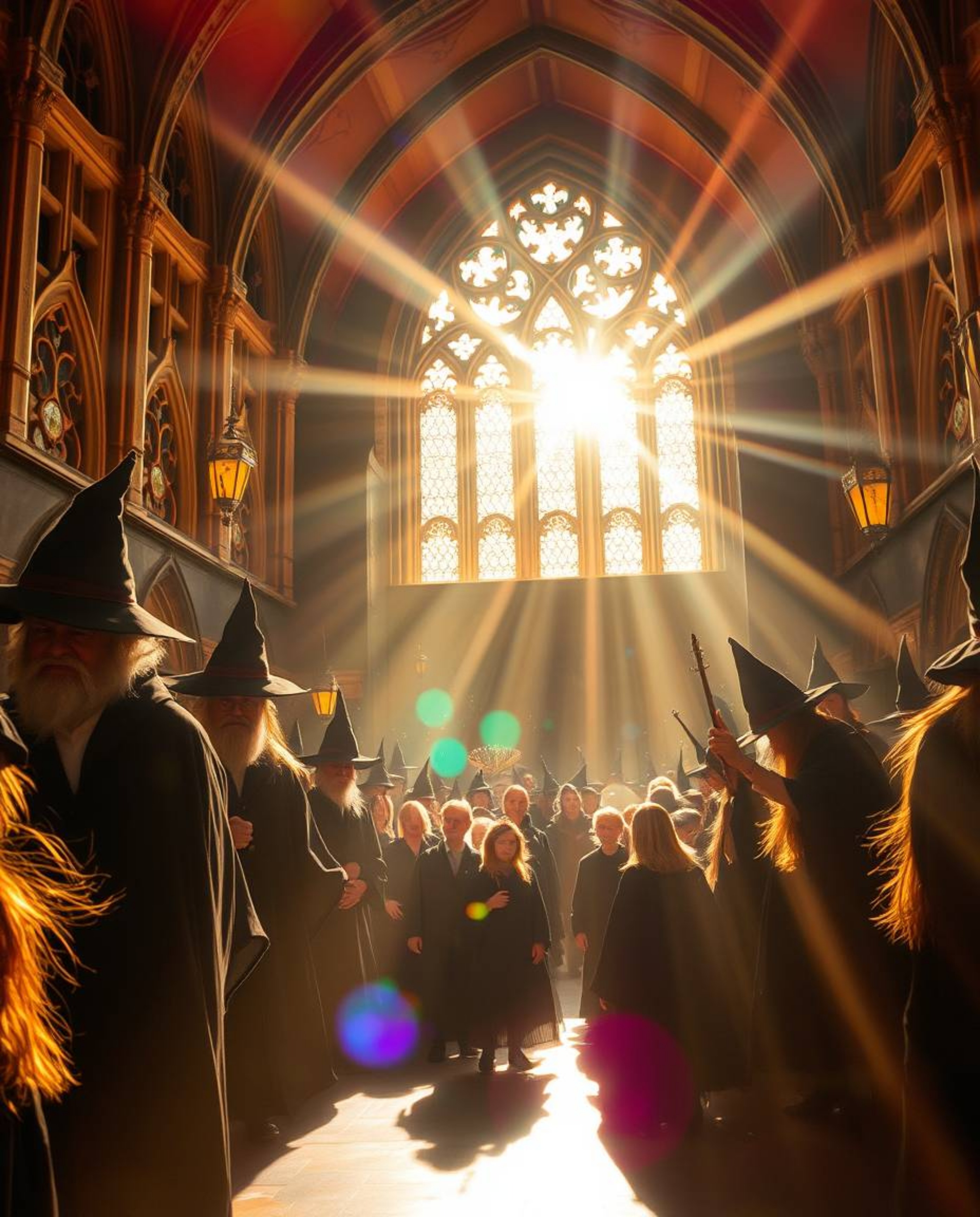 A captivating image showcasing a magical school teeming with young wizards, exuding an aura of radiance and luxury. Bathed in