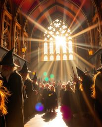A captivating image showcasing a magical school teeming with young wizards, exuding an aura of radiance and luxury. Bathed in