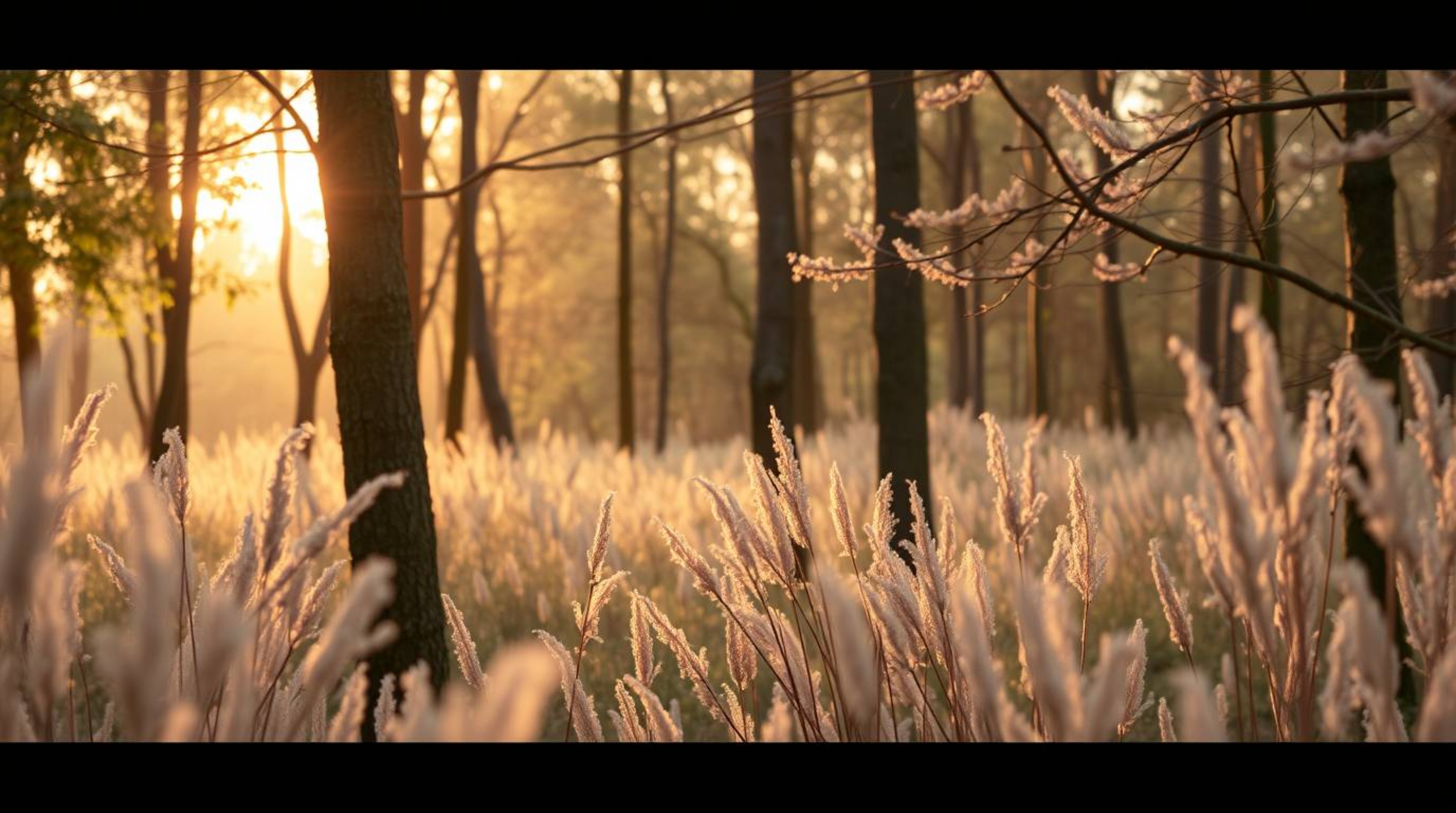 Experience the graceful and elegant features of a golden hour forest scene, bathed in soft pastel colors and a gentle, soothi