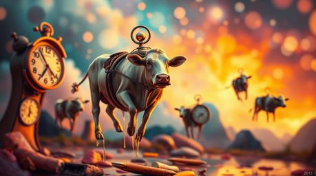 A surreal dreamscape painting features vibrant, complimentary colors, a soft cinematic haze with blurred bokeh, melting clock