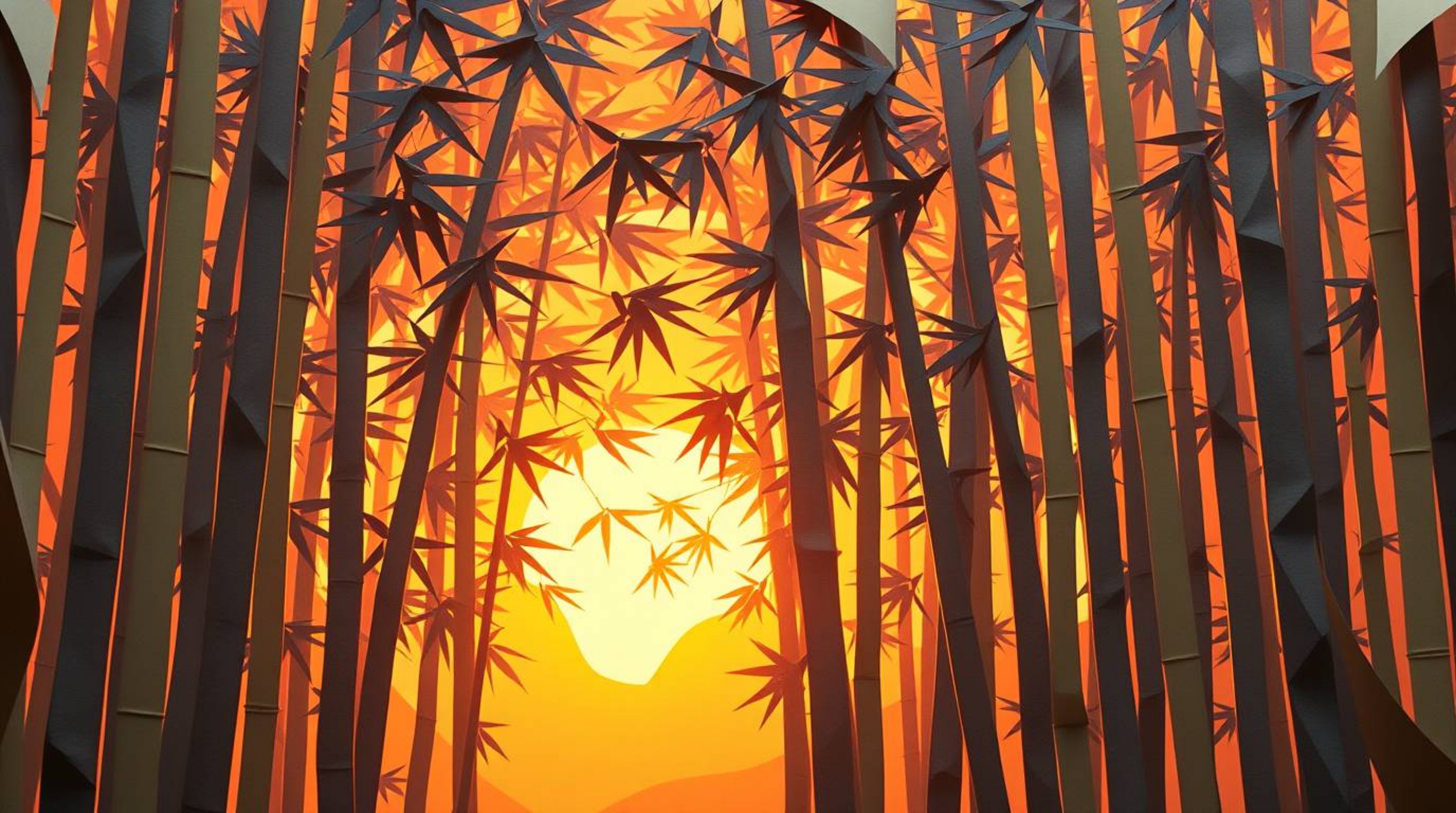 Experience the serene beauty of a bamboo forest at sunset, reimagined as intricate origami art. This piece combines the delic
