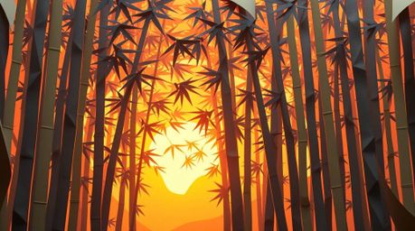 Experience the serene beauty of a bamboo forest at sunset, reimagined as intricate origami art. This piece combines the delic