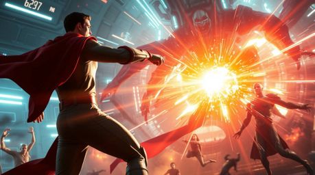 Witness an epic showdown between a caped superhero and a comical villain in a sprawling futuristic city.  The scene is awash 