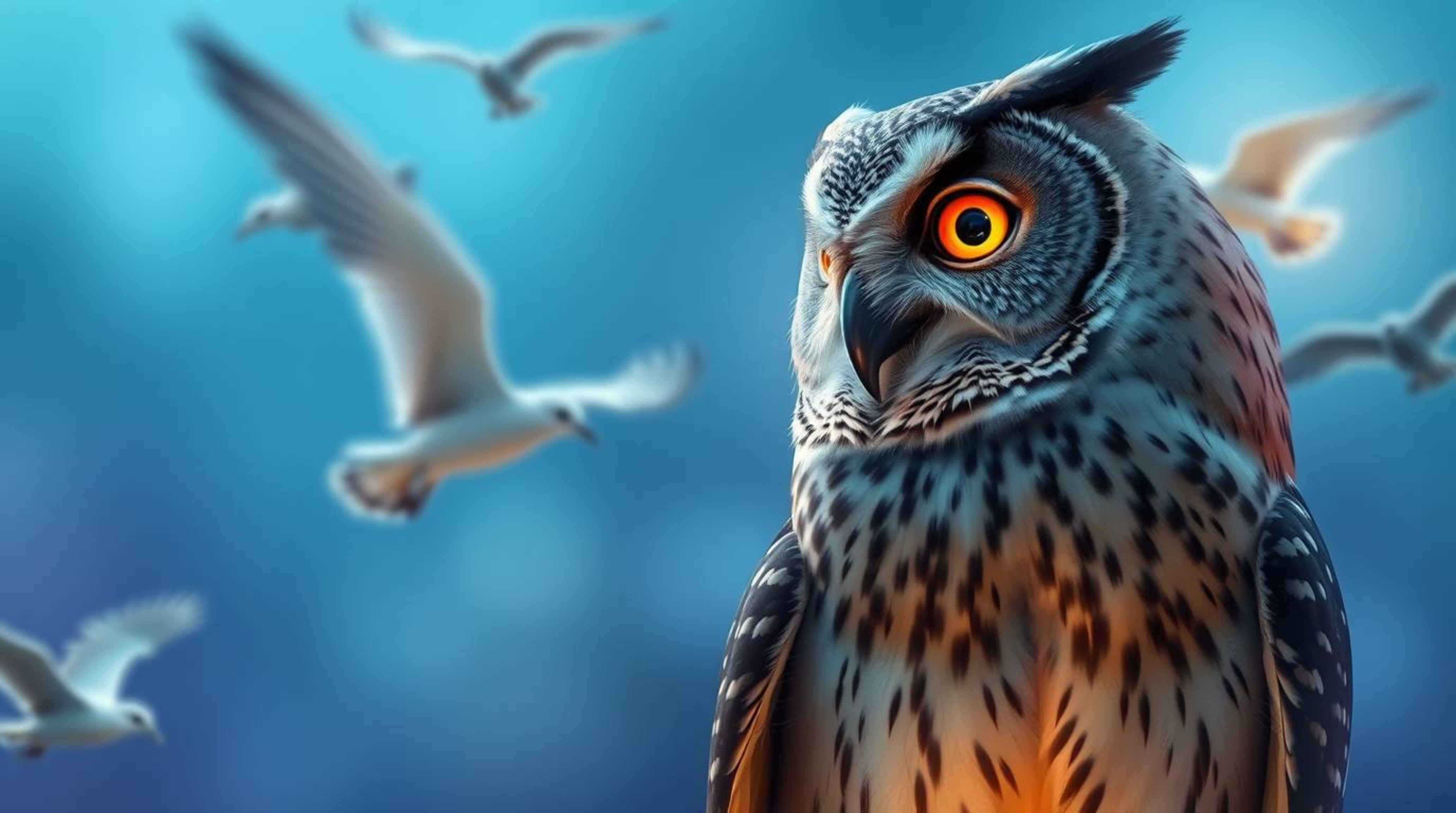 With an ethereal and spiritual vibe, this long-exposure photo captures a blind, wise owl in a Pixar style, exhibiting a proud