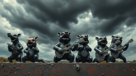 This striking antique cast bronze surface depicts a captivating scene of a cartoon animal band passionately playing rock musi