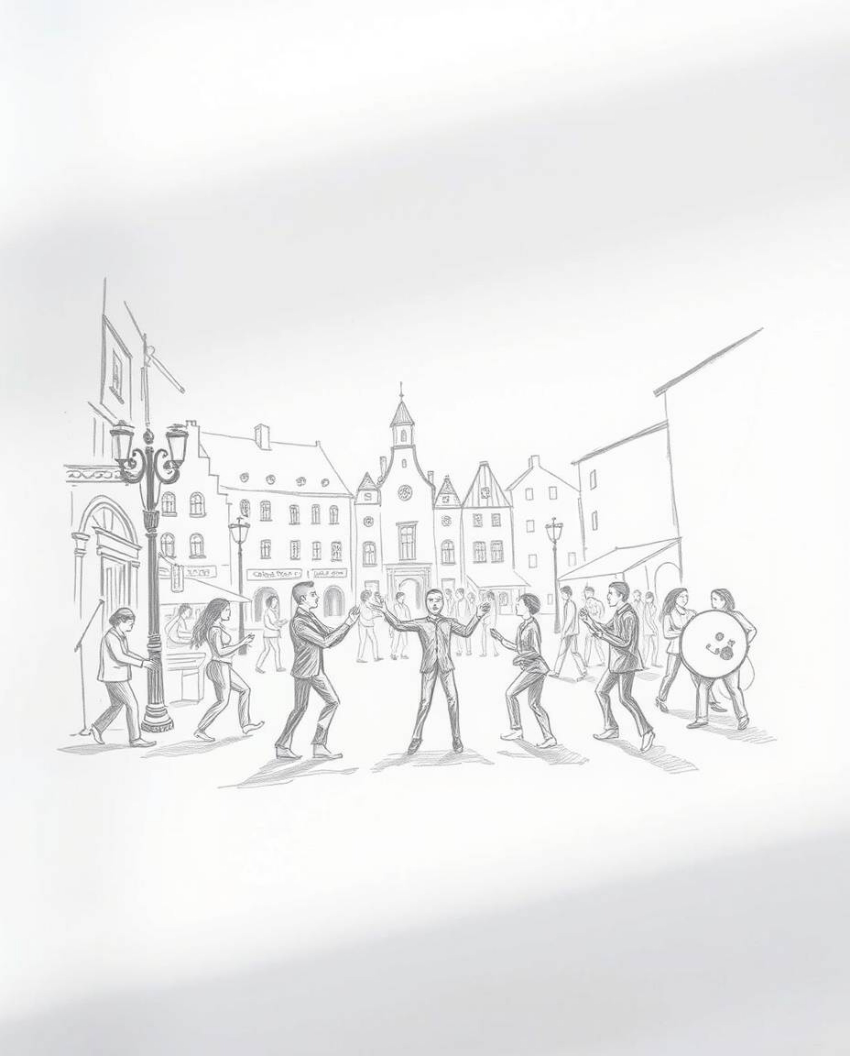 This artwork depicts a vibrant musical number unfolding in a brightly lit town square. The scene is captured in a hand-drawn 