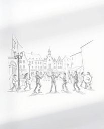 This artwork depicts a vibrant musical number unfolding in a brightly lit town square. The scene is captured in a hand-drawn