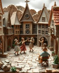 A vibrant musical performance unfolds in a bright town square, its set a stunning creation of layered papier-mâché.  The intr