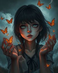 A captivating digital painting portrays a girl with dark features releasing butterflies amidst intense, dramatic weather. The
