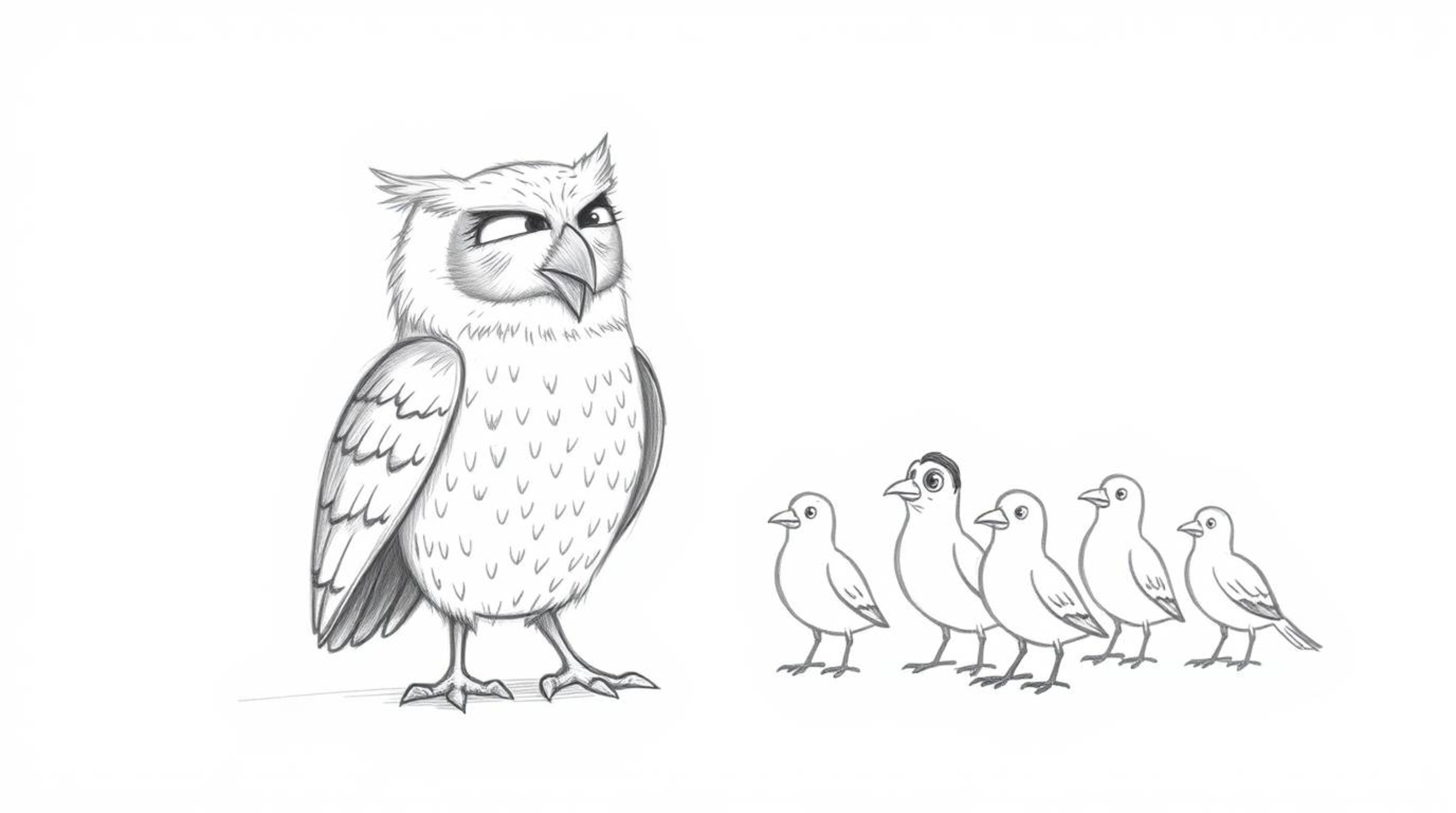 A heartwarming hand-drawn pencil sketch in Pixar style depicts a blind owl with soft, textured feathers as it guides a group 