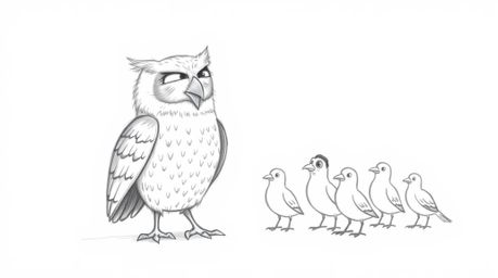A heartwarming hand-drawn pencil sketch in Pixar style depicts a blind owl with soft, textured feathers as it guides a group 