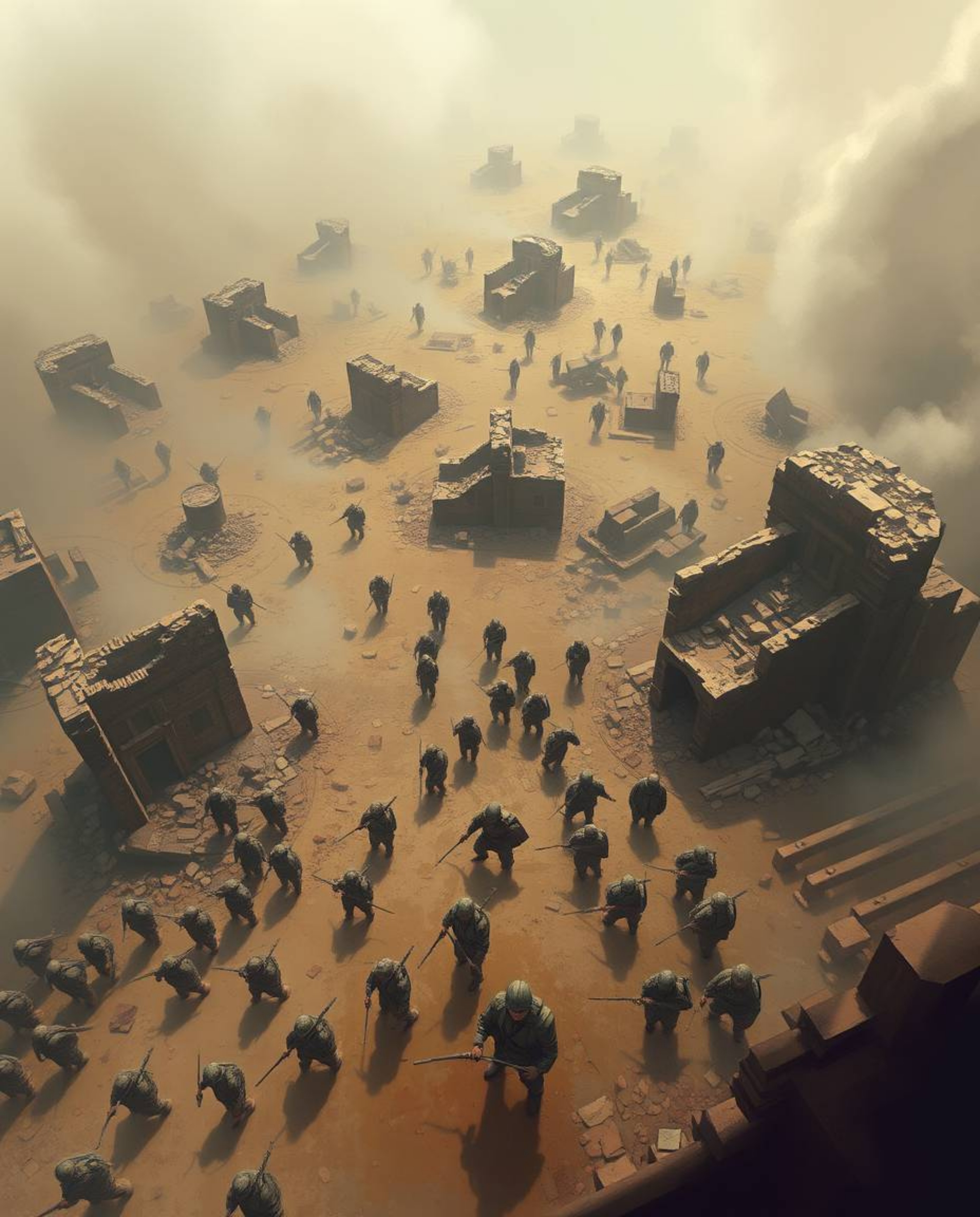 A stunning digital painting showcasing a time-warped battlefield filled with soldiers and dilapidated buildings, rendered fro