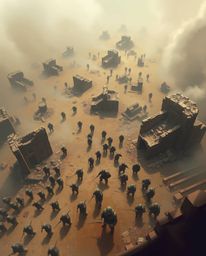 A stunning digital painting showcasing a time-warped battlefield filled with soldiers and dilapidated buildings, rendered fro