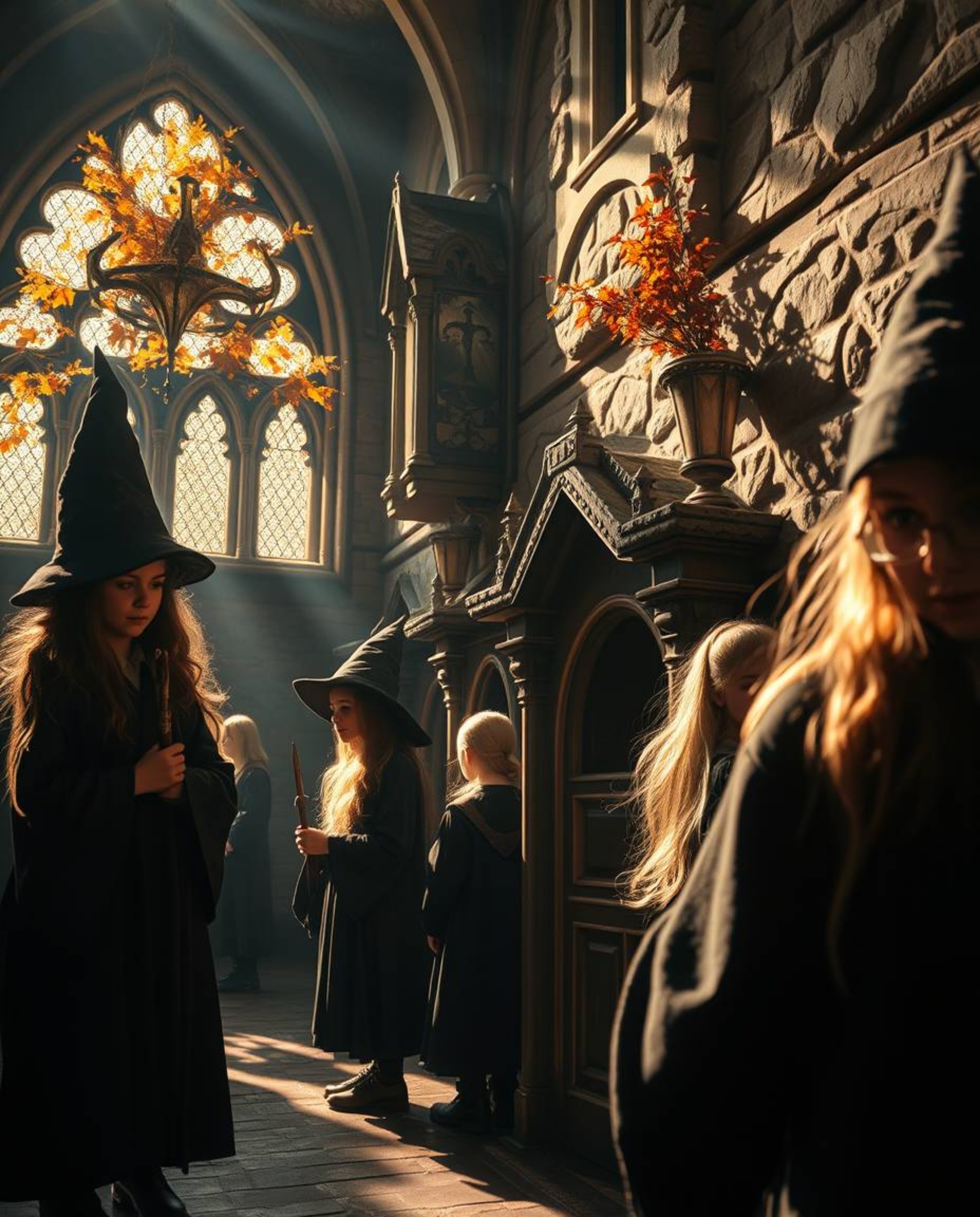 A tight close-up shot showcasing a magical school brimming with young wizards, highlighted by strong, hard light and warm aut