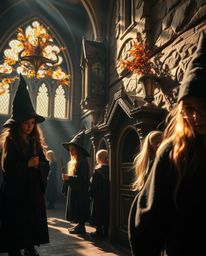 A tight close-up shot showcasing a magical school brimming with young wizards, highlighted by strong, hard light and warm aut