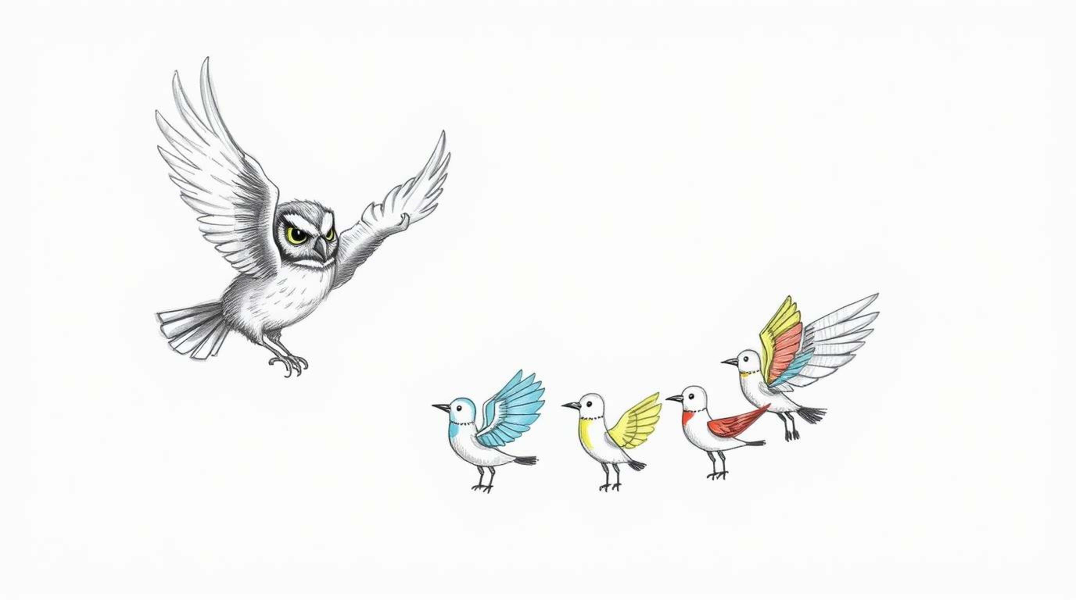 A heartwarming hand-drawn sketch in the style of Pixar features a blind owl with soft, feathery textures guiding a flock of b