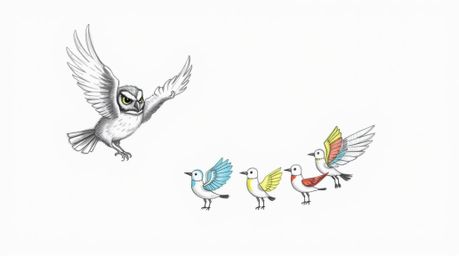 A heartwarming hand-drawn sketch in the style of Pixar features a blind owl with soft, feathery textures guiding a flock of b