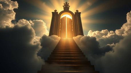 A breathtaking image depicting a heavenly gate floating amidst dramatic clouds, illuminated by intense golden light.  Stairs 
