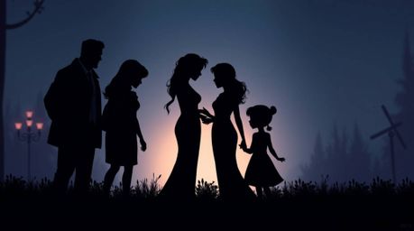 Experience a heartfelt family reunion depicted in a sophisticated and elegant Pixar-style illustration. The scene features si