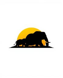 A silhouetted logo of elephants walking across a field at sunset, designed with geometric shapes, clean lines, and balanced s