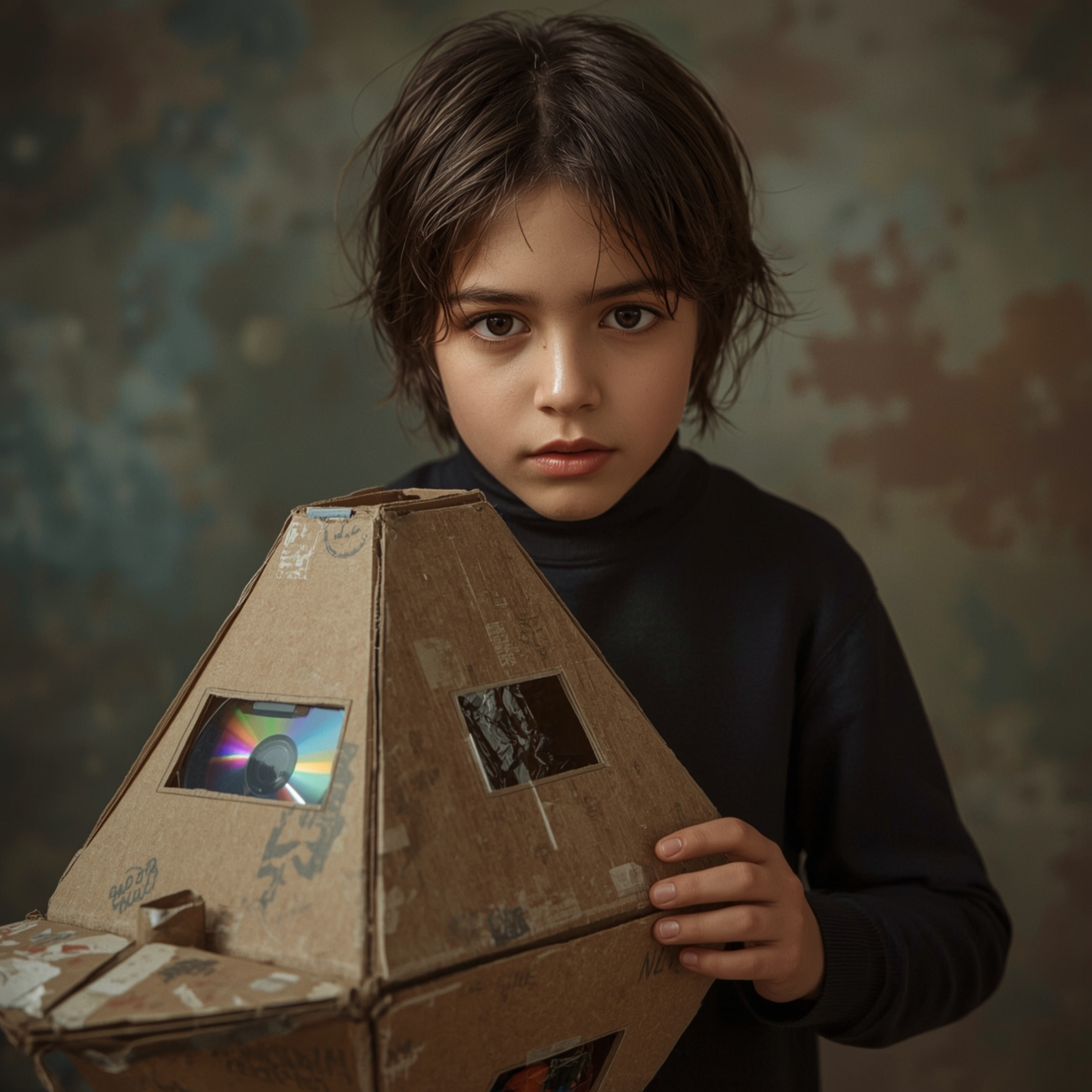 Exquisite high fashion photography captures a boy with bright, curious eyes, building an intricately designed cardboard space