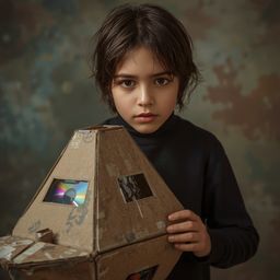Exquisite high fashion photography captures a boy with bright, curious eyes, building an intricately designed cardboard space