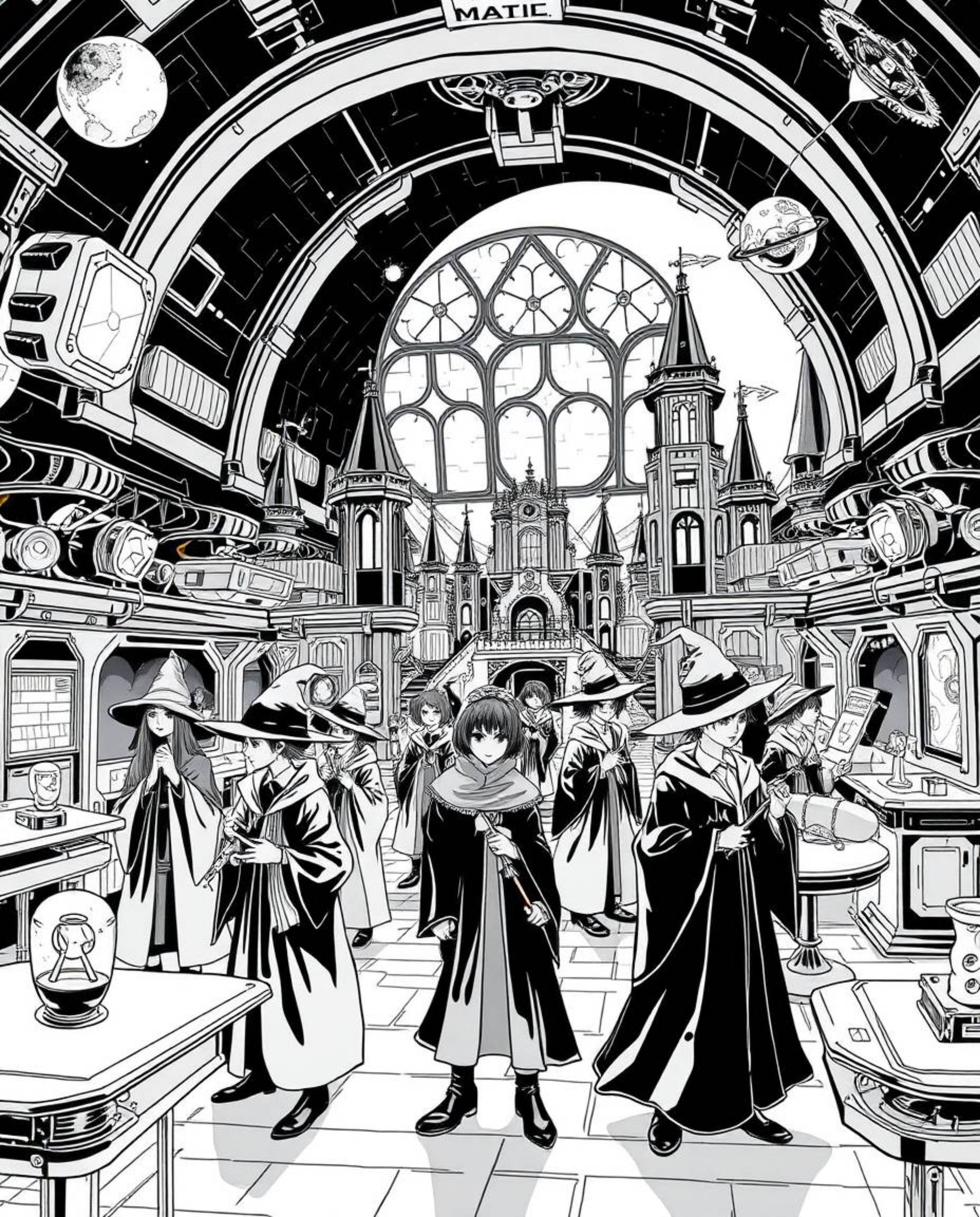 Step into a timeless, elegant world where magic meets futuristic technology. This captivating black and white illustration de