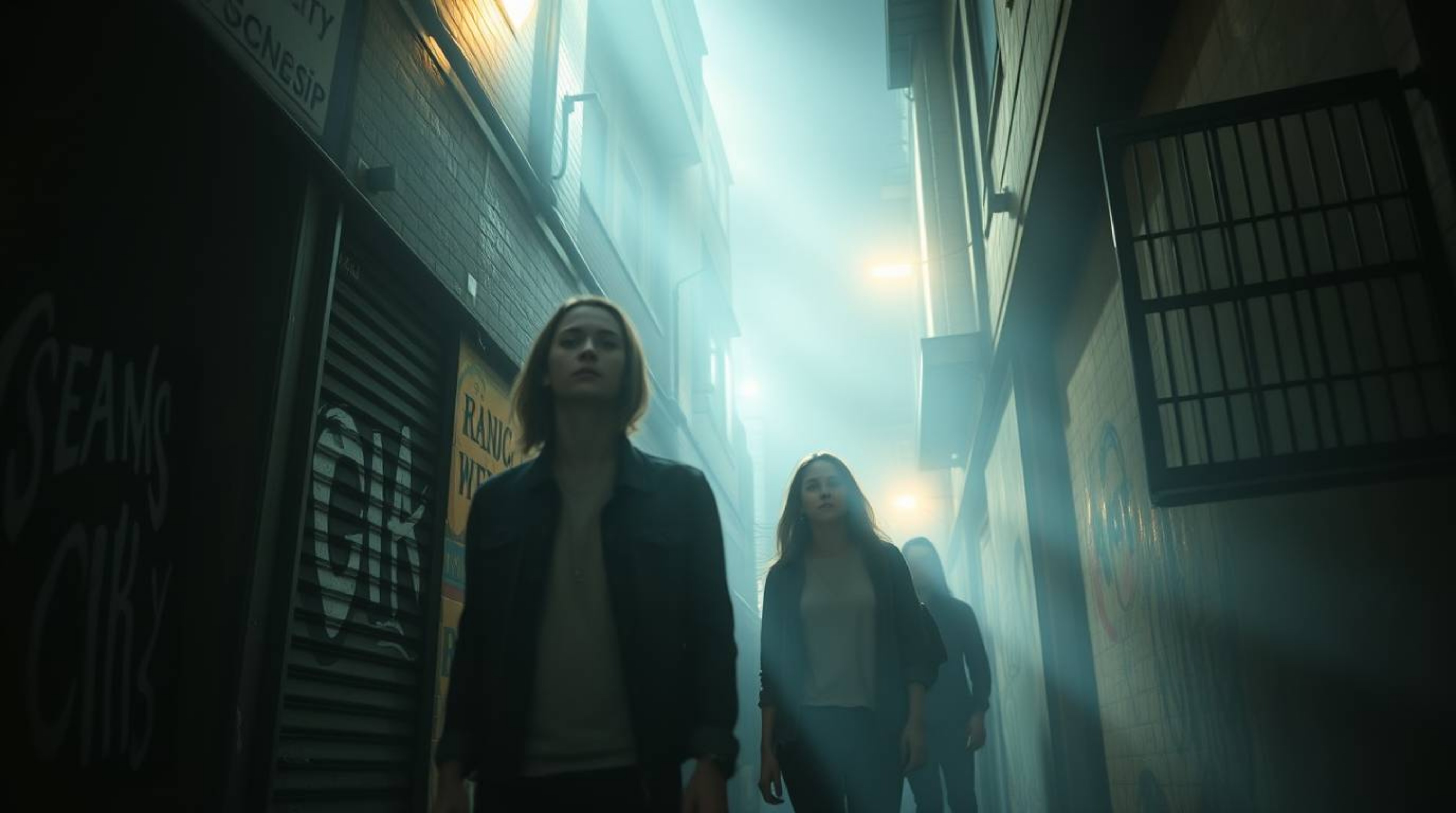 Capture the intense drama of rebellious teens in a grungy city alleyway.  This image evokes a mystical and ethereal feeling, 