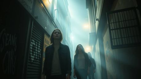 Capture the intense drama of rebellious teens in a grungy city alleyway.  This image evokes a mystical and ethereal feeling, 