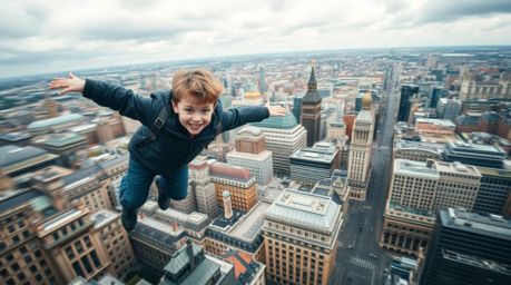 A captivating photograph depicts a young boy in mid-flight above London, his journey trailed by shimmering pixie dust.  The i
