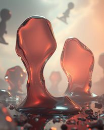Immerse yourself in a cinematic, Isekai anime-style world featuring surreal 3D fluid shapes resembling melted glass within a 