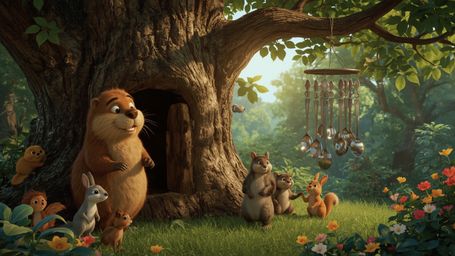 A highly detailed, high-resolution stock photo captures a lovable, Pixar-inspired beaver with warm, golden fur, busy building