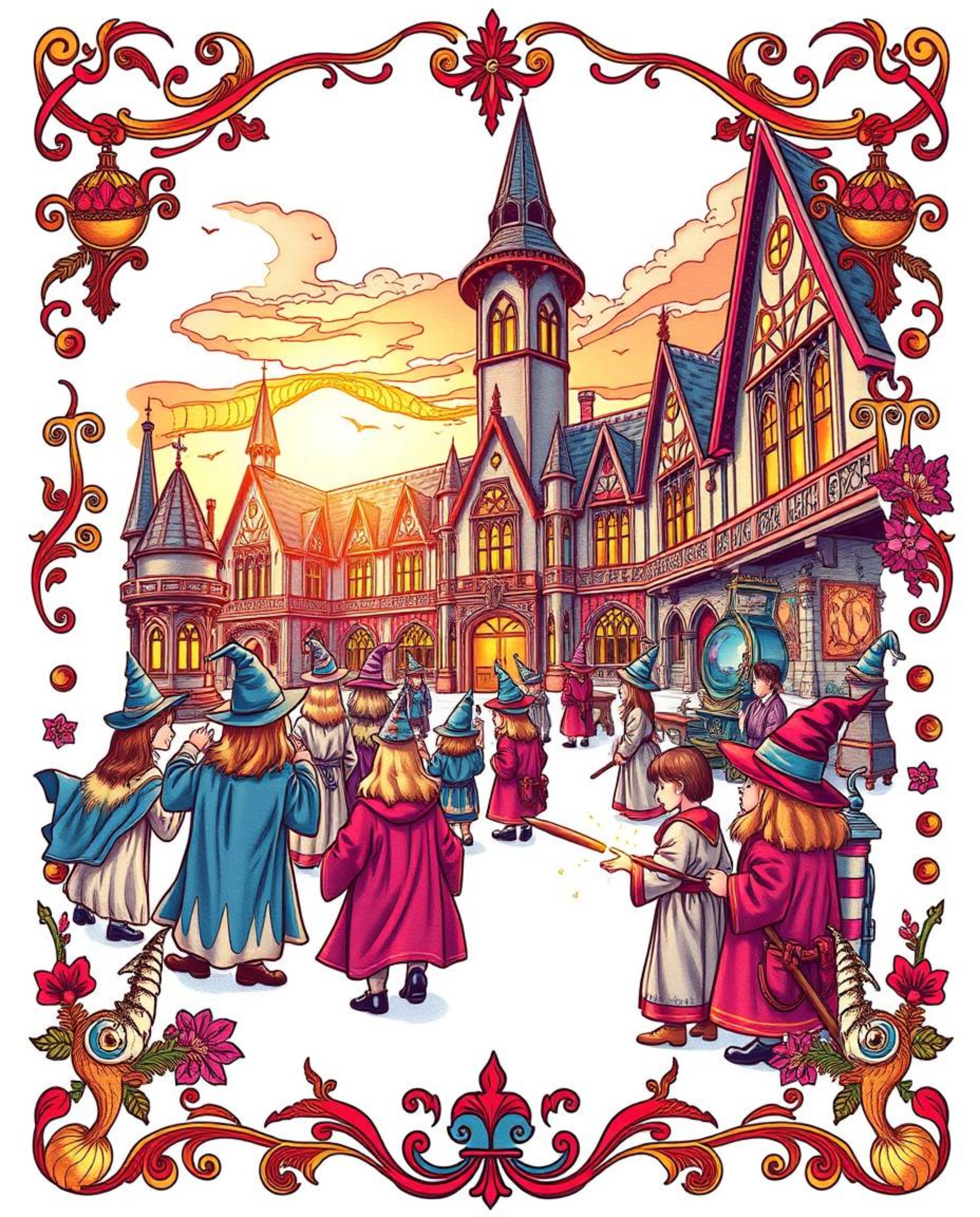 A captivating traditional tattoo-style print showcasing a magical school brimming with young wizards.  Bathed in the warm glo