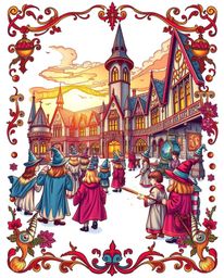 A captivating traditional tattoo-style print showcasing a magical school brimming with young wizards.  Bathed in the warm glo