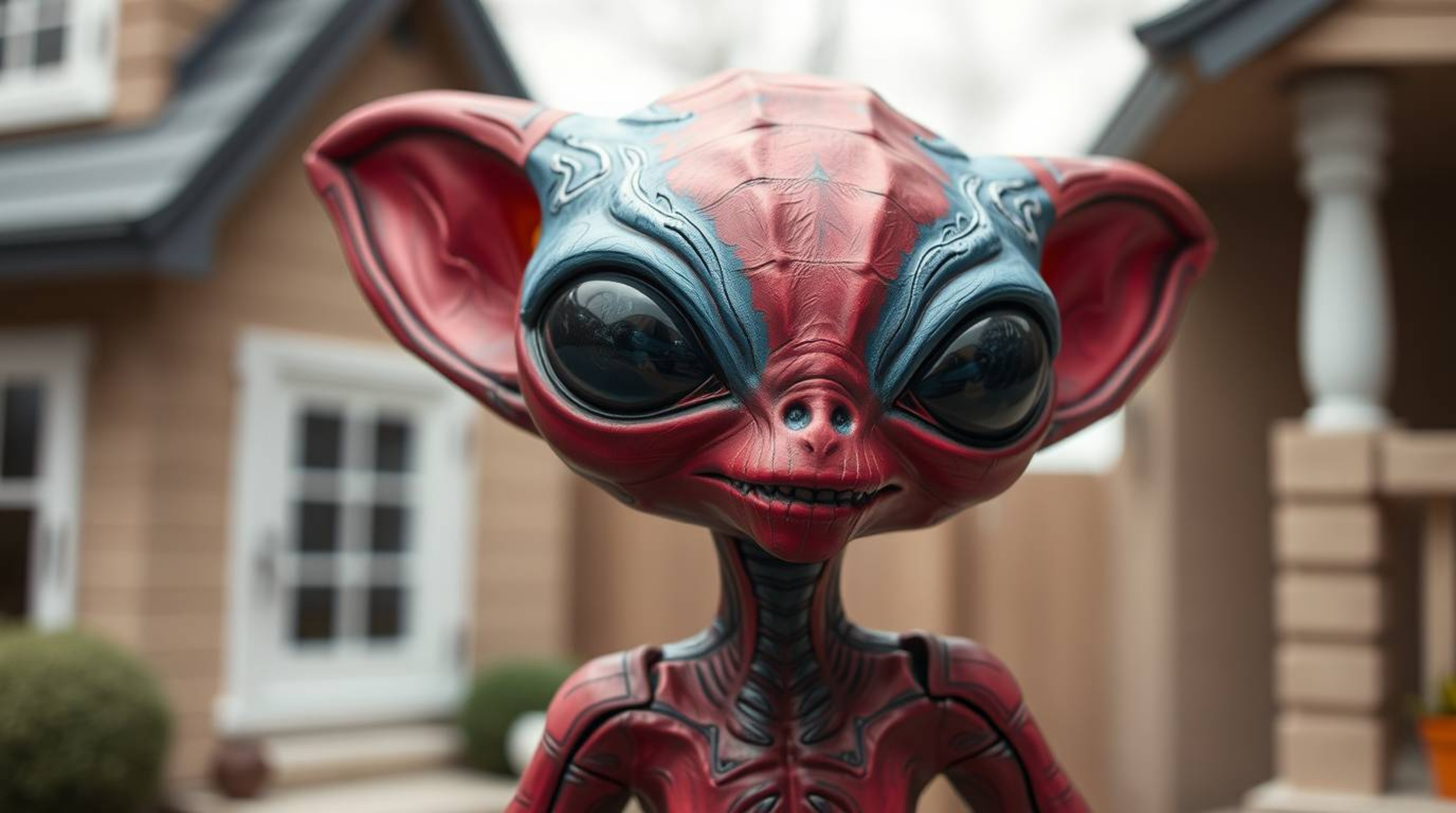 Discover a sophisticated and elegant papier-mâché sculpture of an adorable alien, featuring rich burgundy and deep blue hues.