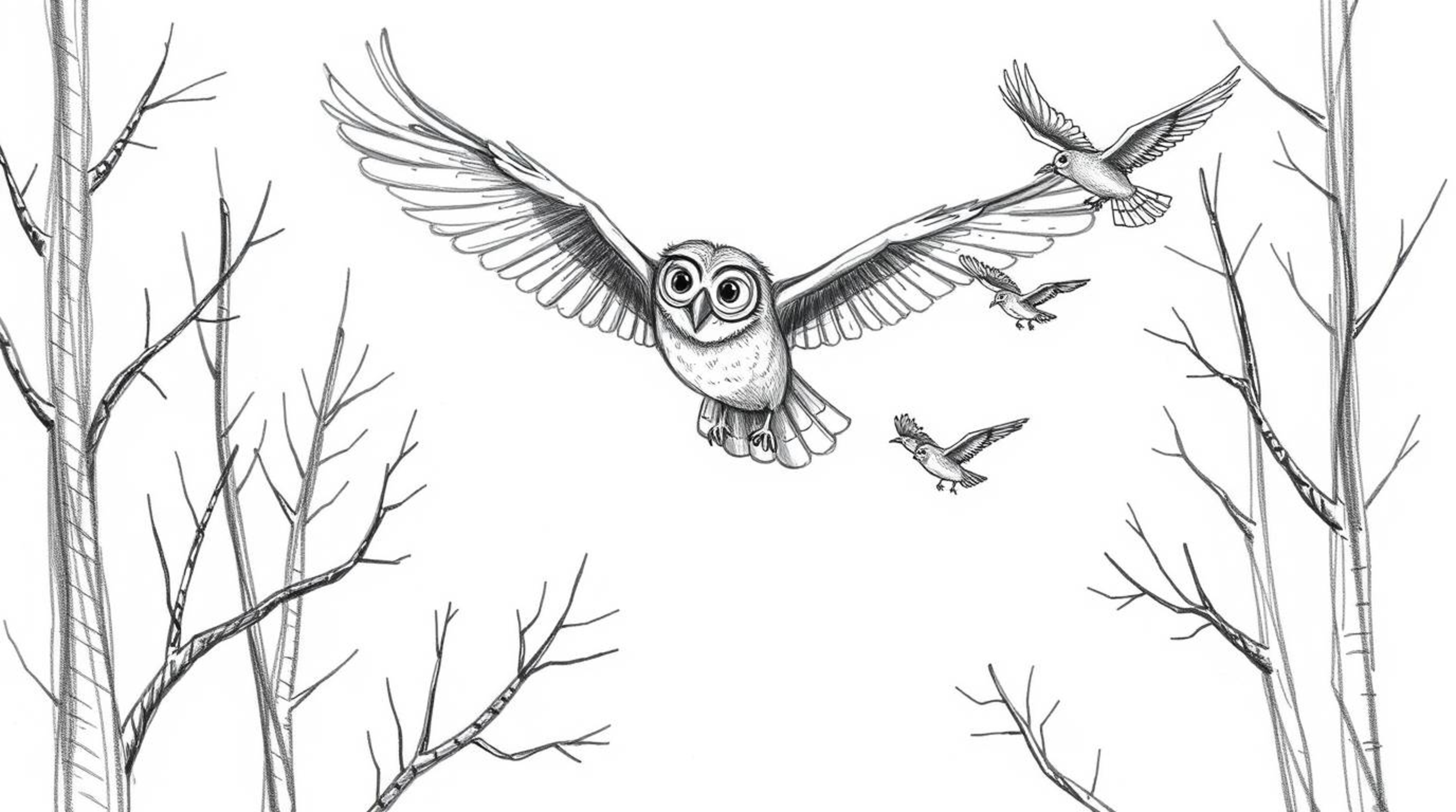 A charming hand-drawn sketch in the style of Pixar depicts a blind owl gracefully teaching birds to fly.  The textured pencil