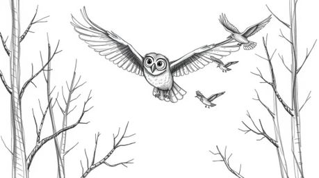 A charming hand-drawn sketch in the style of Pixar depicts a blind owl gracefully teaching birds to fly.  The textured pencil