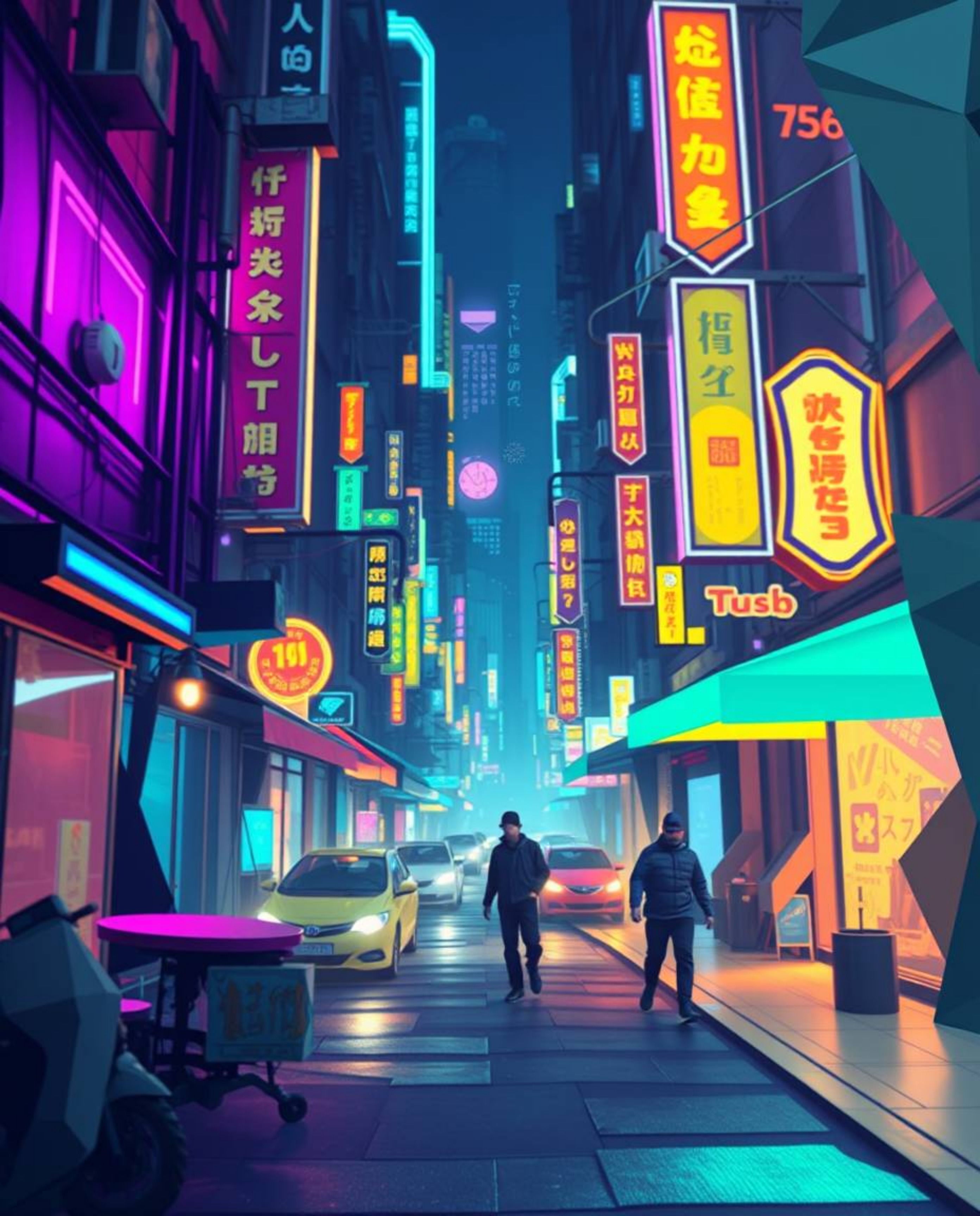 Explore a captivating pixelated glitch image depicting a cyberpunk street scene, meticulously rendered in intricate origami s