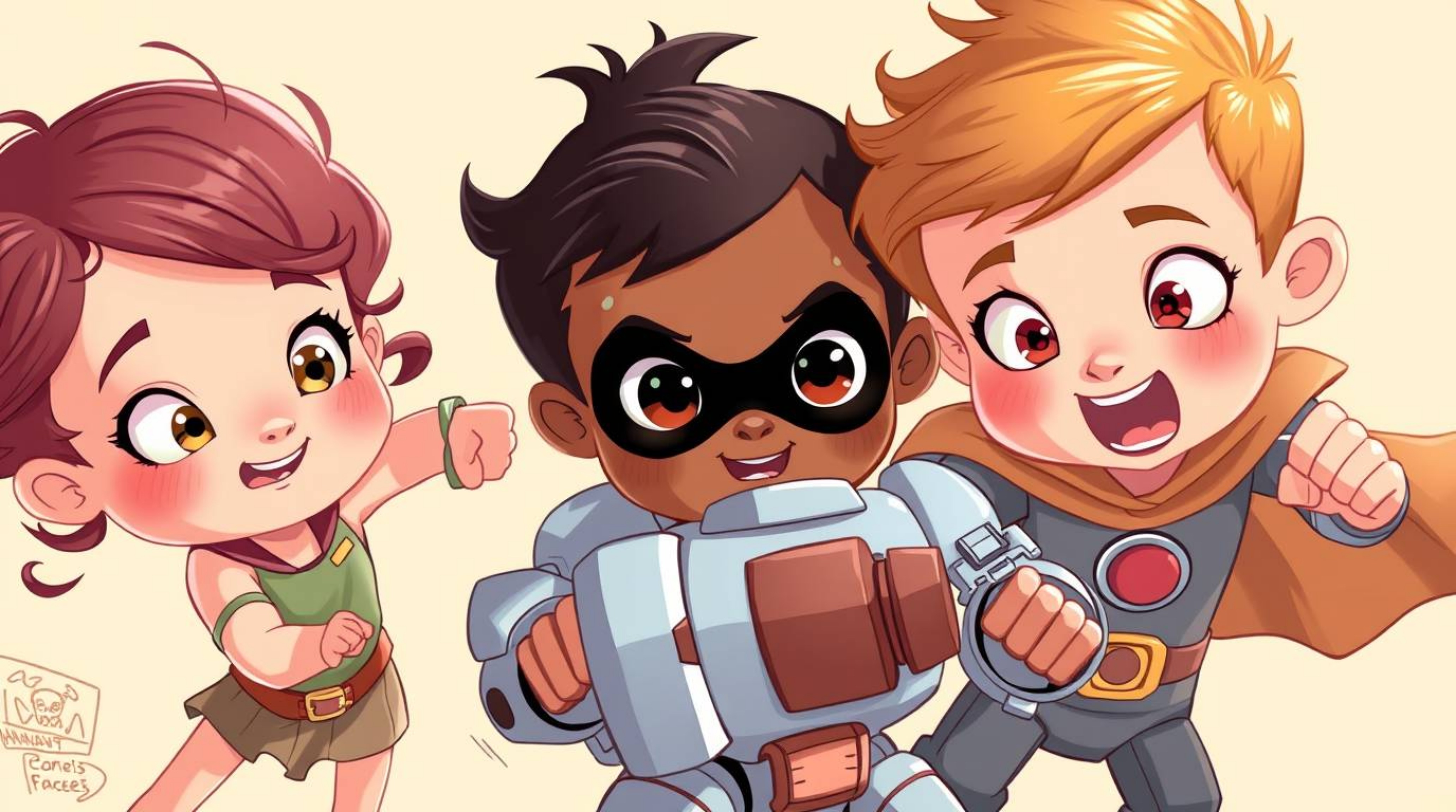 A digital illustration featuring three superpowered children with charming and adorable features, large eyes, and rosy cheeks