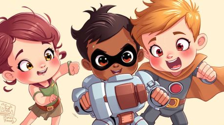 A digital illustration featuring three superpowered children with charming and adorable features, large eyes, and rosy cheeks