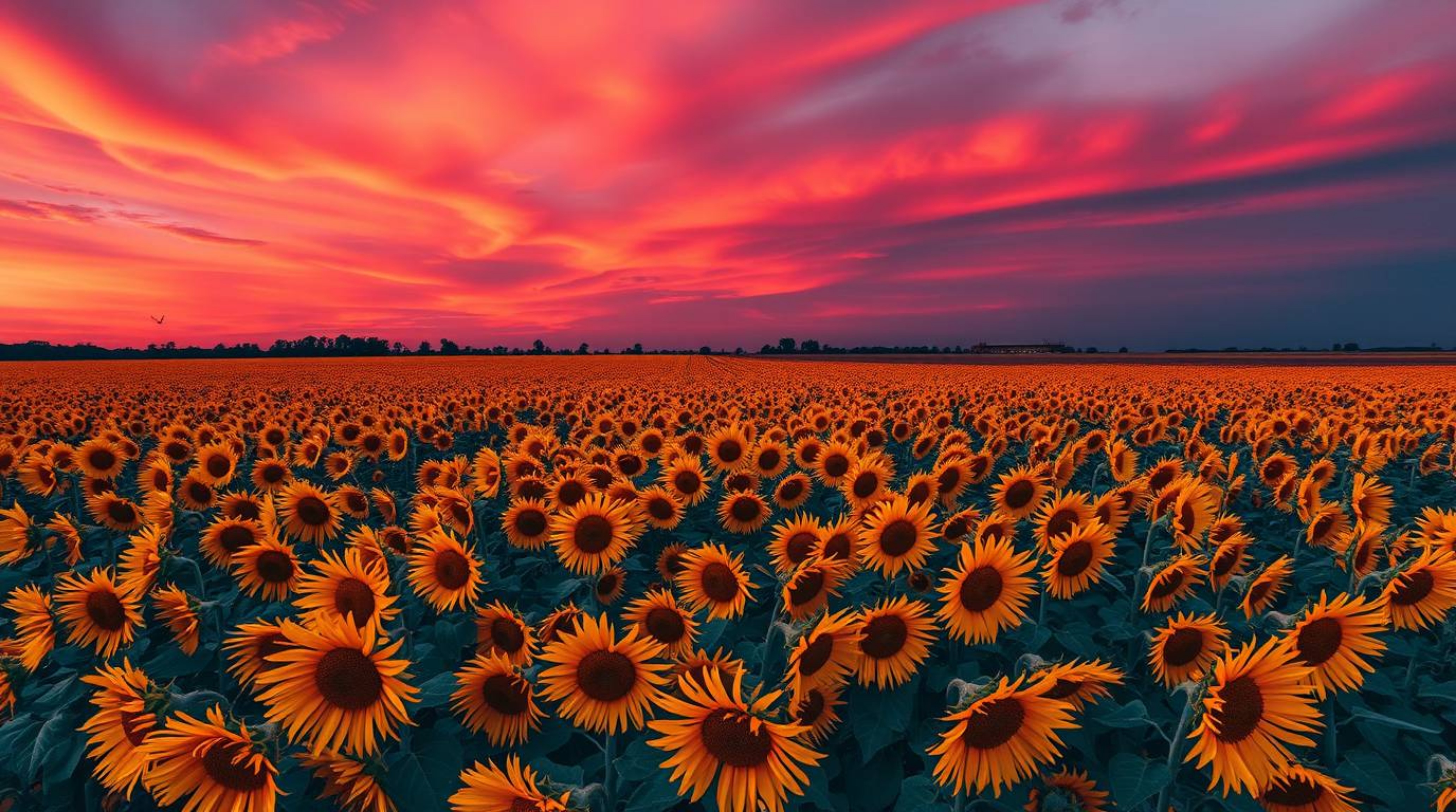 Experience a unique perspective with this overhead bird's-eye view of a sunflower field bathed in the hues of a deep red and 