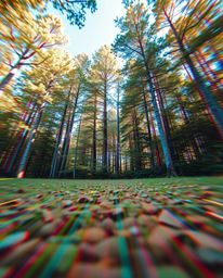 A captivating low angle perspective showcases a digital glitch effect superimposed upon a natural forest scene, forging a sur
