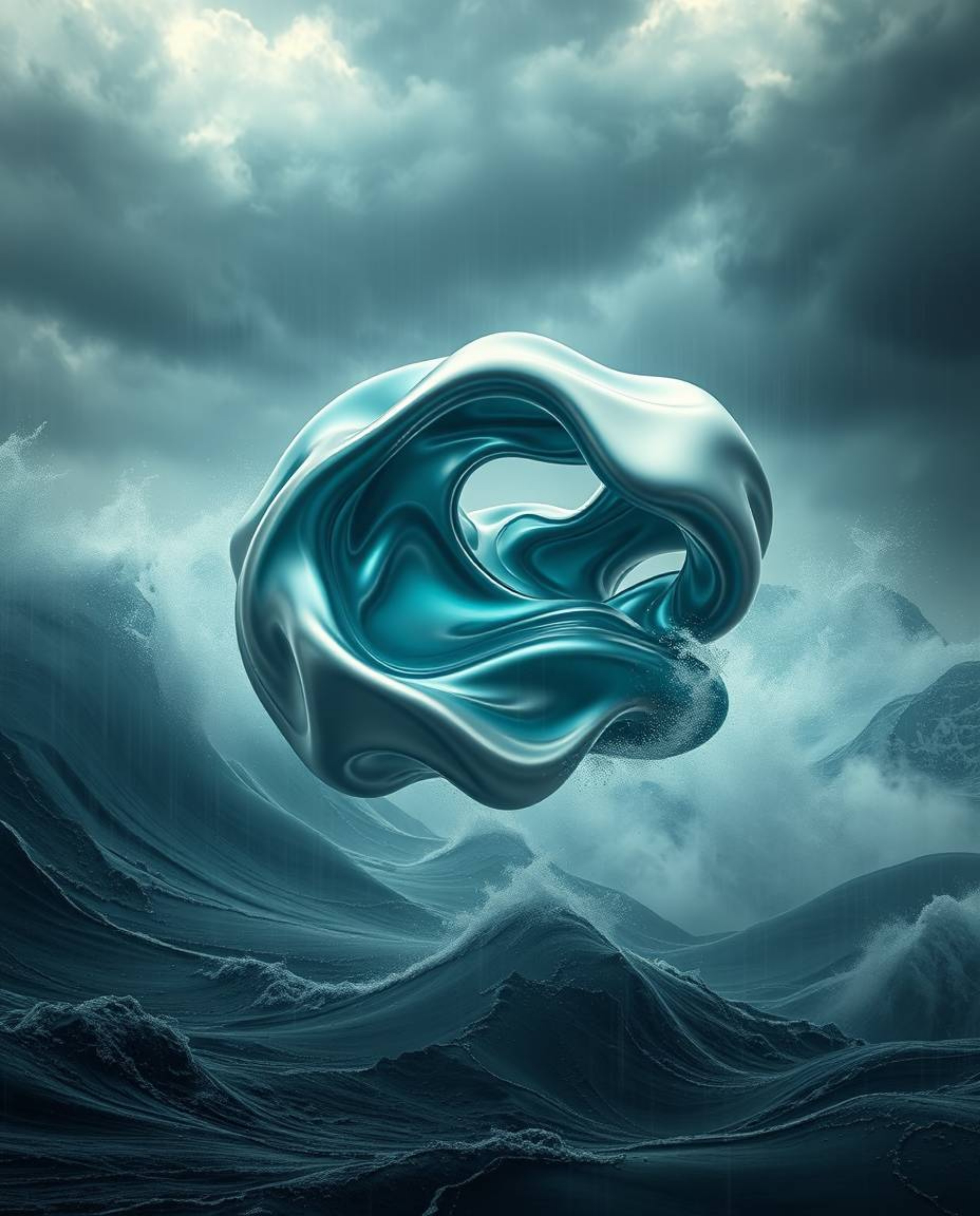Experience a captivating visual journey with rich, deep teal and vibrant colors. Smooth 3D fluid shapes with metallic texture