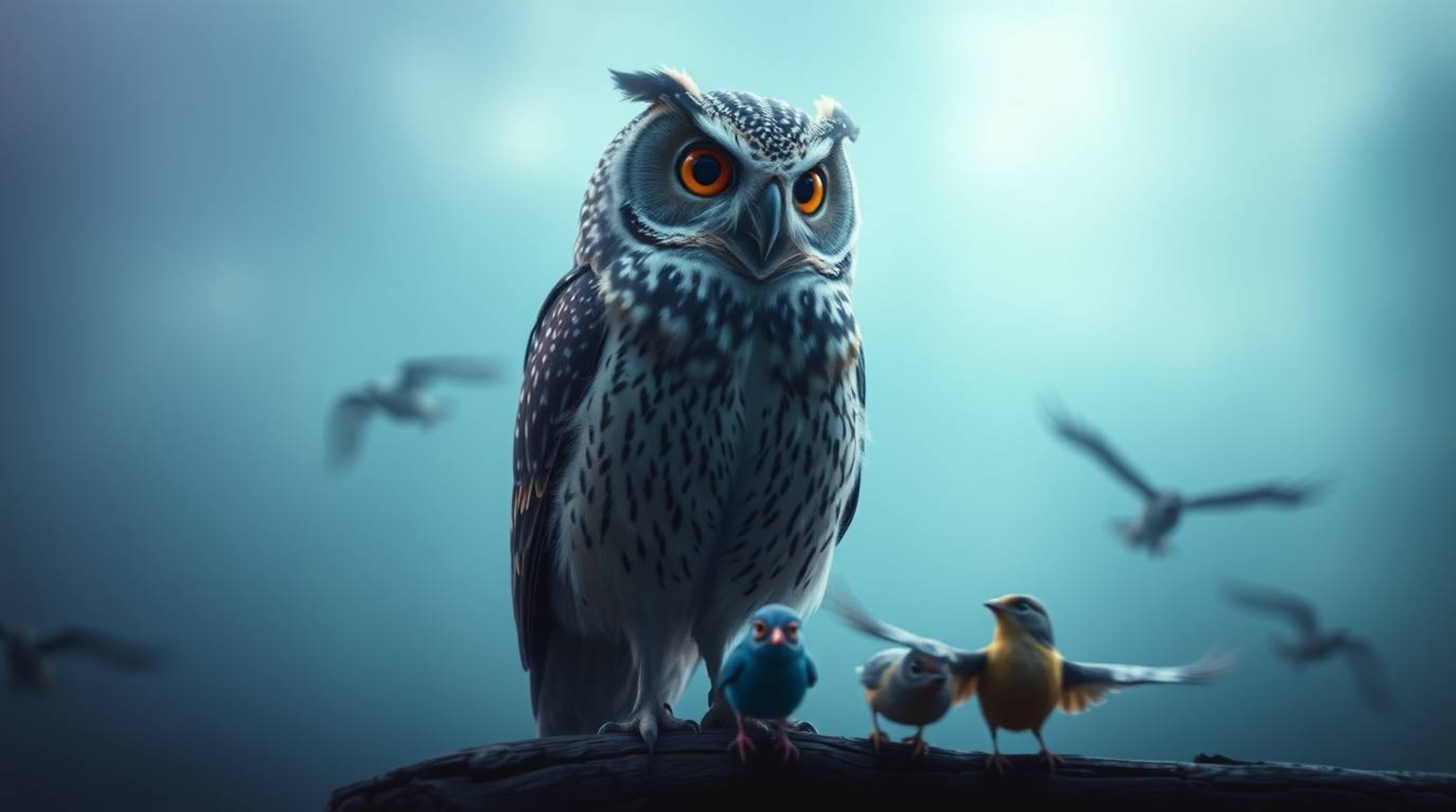 A cinematic, long-exposure image depicts a blind owl, rendered in a Pixar-esque style, as it oversees a group of birds learni