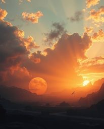 A massive-scale depiction of an epic and modern scene showcasing a sunrise over a war-torn landscape is presented with lens g