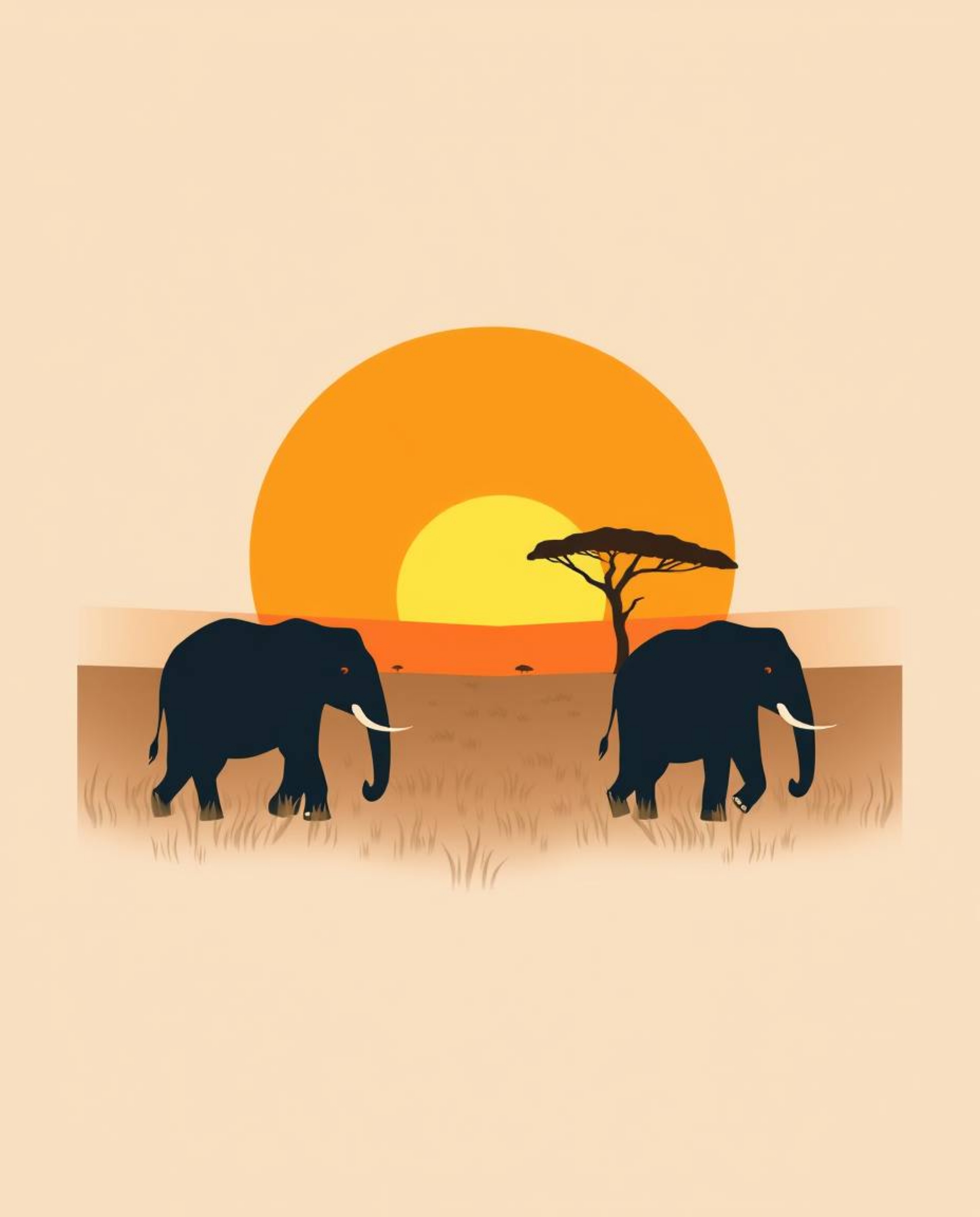 A logo design featuring elephants walking across a field at sunset, composed of geometric shapes and clean lines. The design 