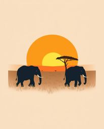 A logo design featuring elephants walking across a field at sunset, composed of geometric shapes and clean lines. The design 
