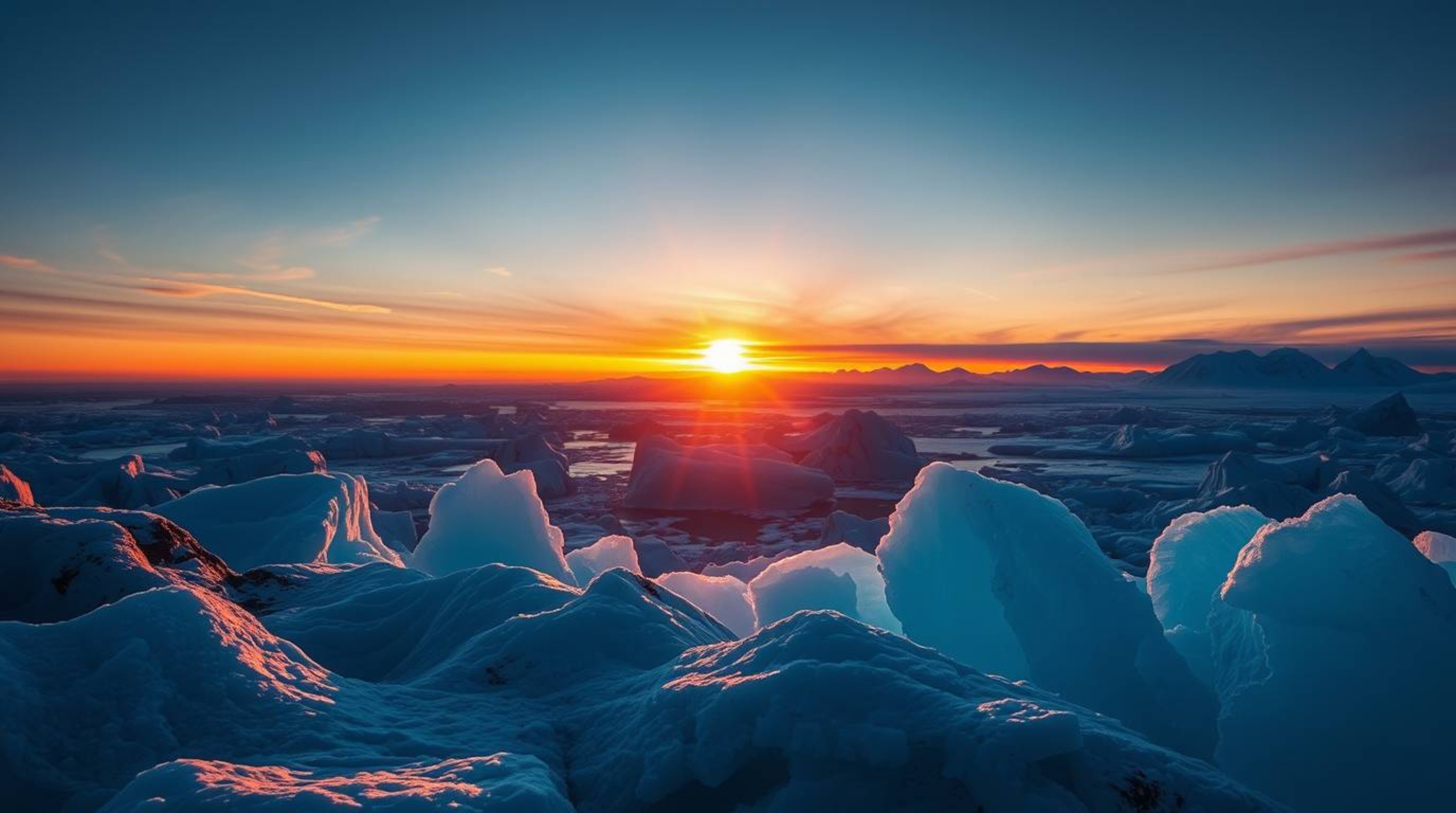 A stunning high-resolution stock photo depicting an ethereal and mystical sunset over icy polar glaciers.  The image features